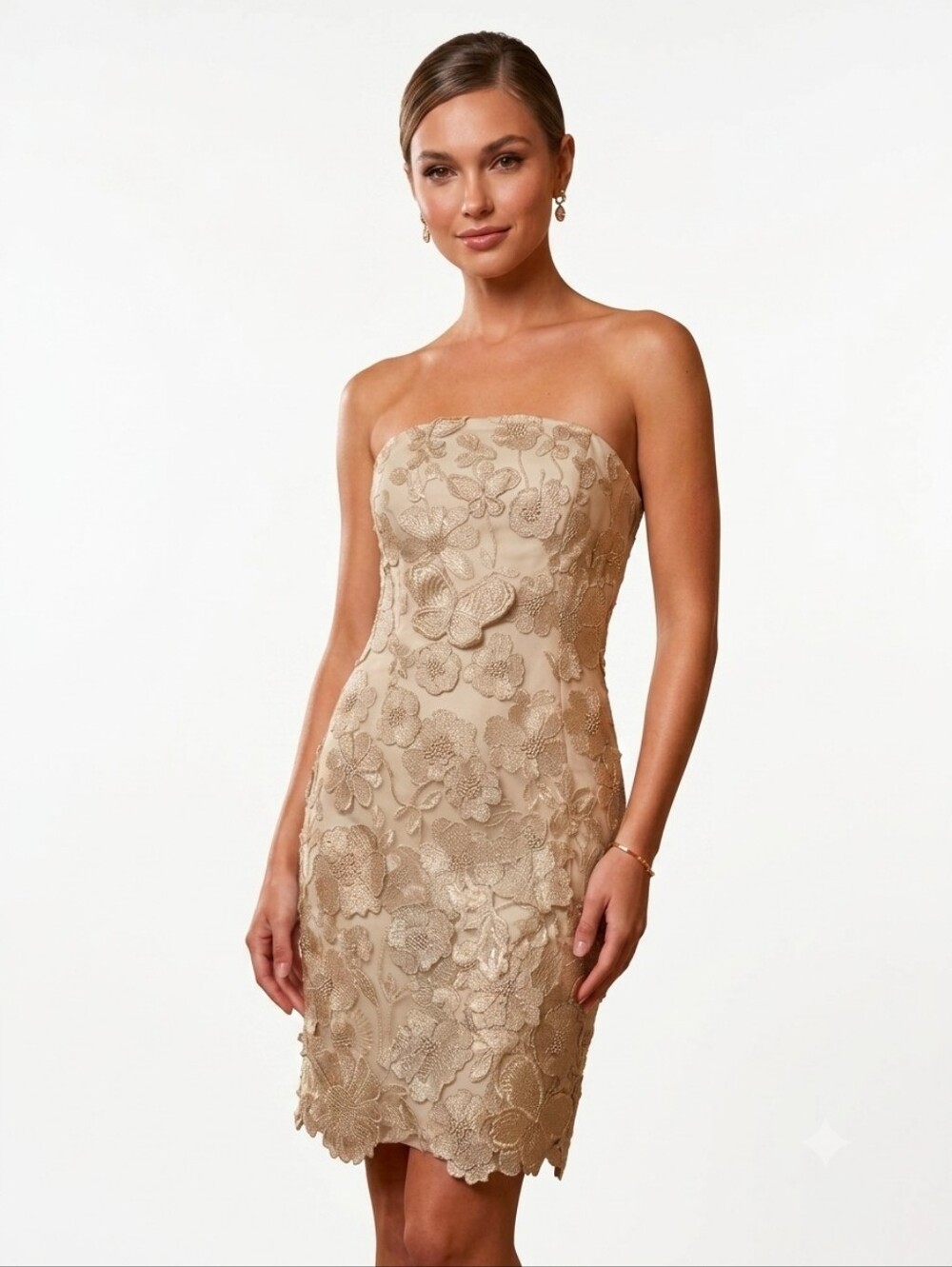 Trina Turk Strapless Floral Lace Sheath Dress in Champagne